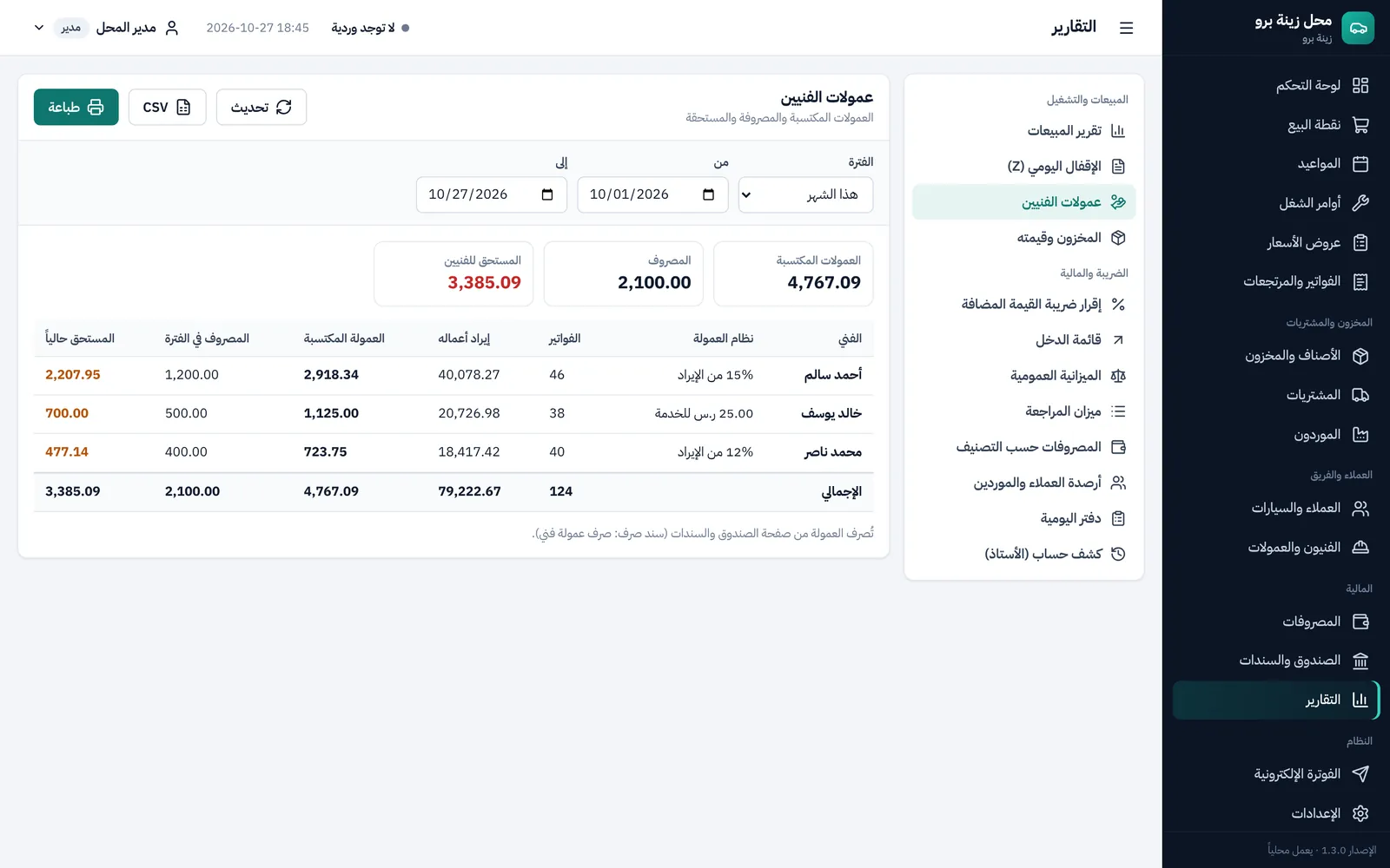 تقرير عمولات الفنيين: المكتسب والمصروف والمستحق